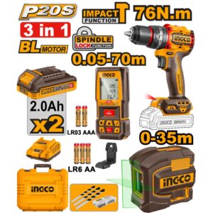 Ingco crodless drill 76Nm + 2 Battery + laser Level 35 + Distance Detector 70m-COSLI250511