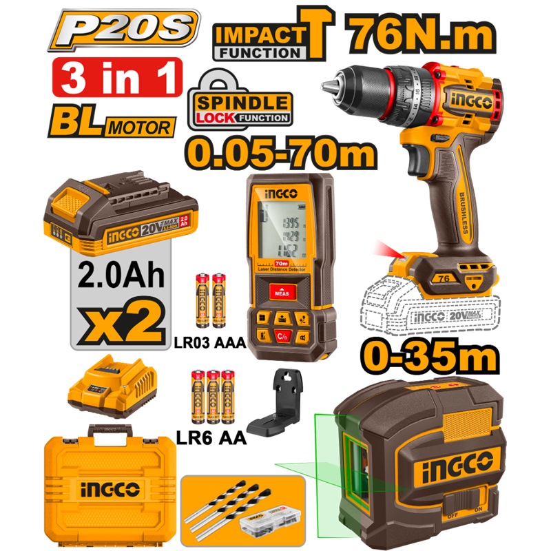 Ingco crodless drill 76Nm + 2 Battery + laser Level 35 + Distance Detector 70m-COSLI250511