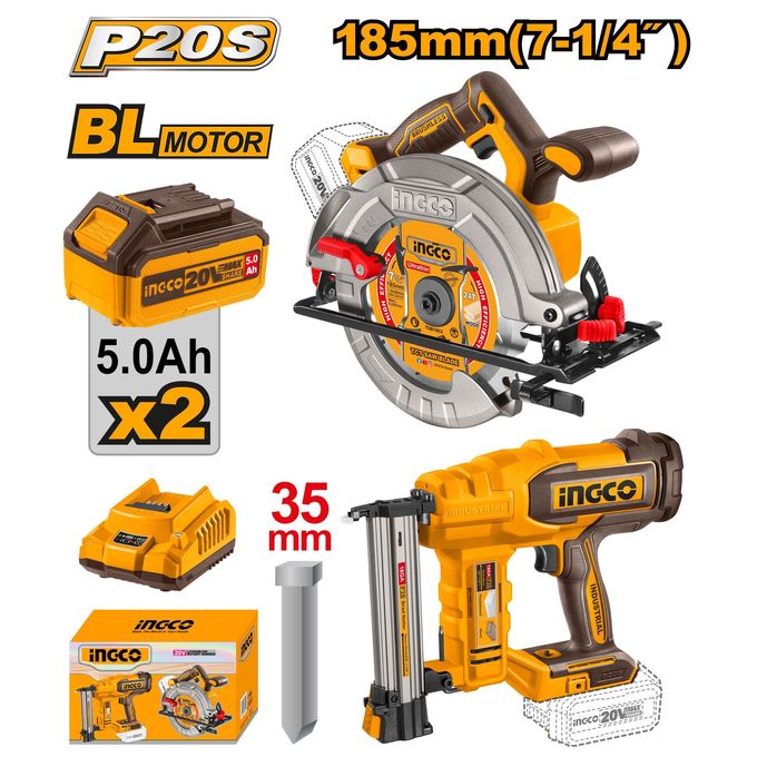 Ingco cordless 20v circular saw 7.25" + brad nailer 35mm + 2 battery-P1C2 - COSLI240866