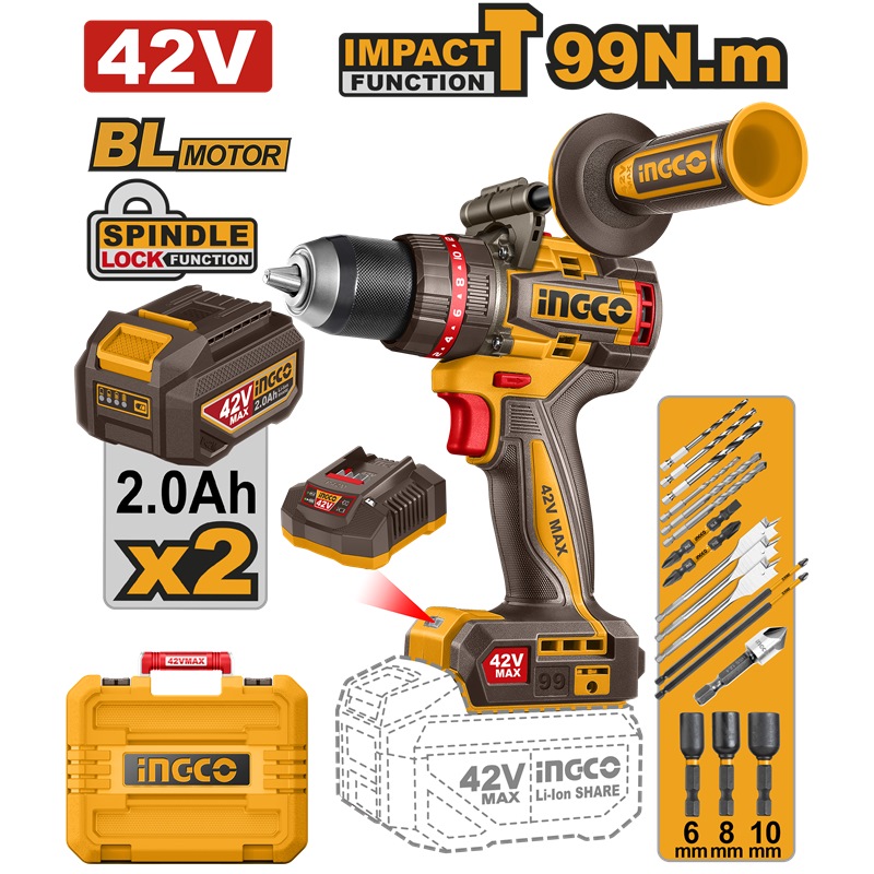 INGCO 42V BL Compact  Impact Drill 99NM 2X2.0AH & Case CIDLI429982