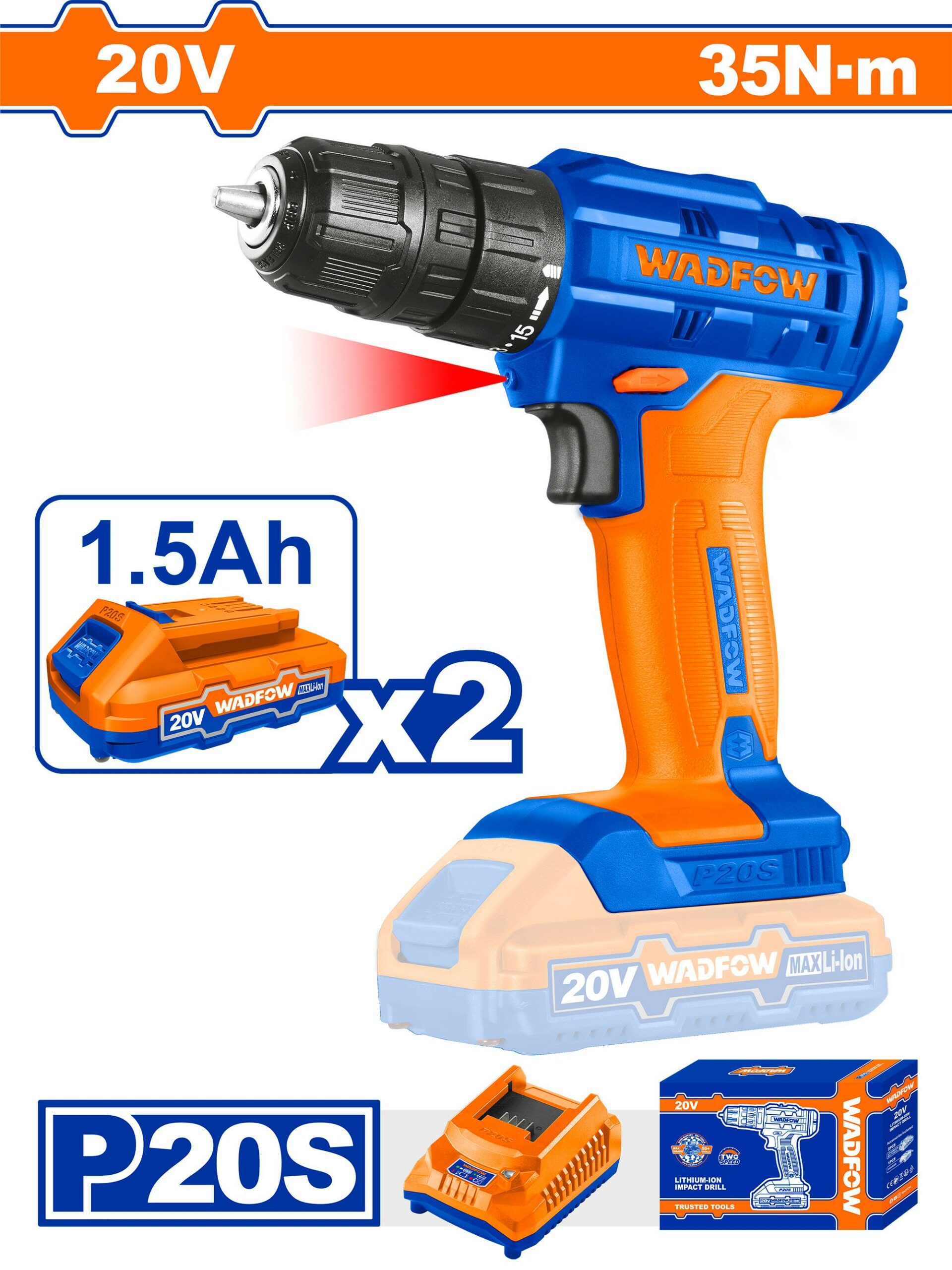 Wadfow Lithium-Ion Cordless Drill 20V With Two 1.5ah Batteries WCDP512