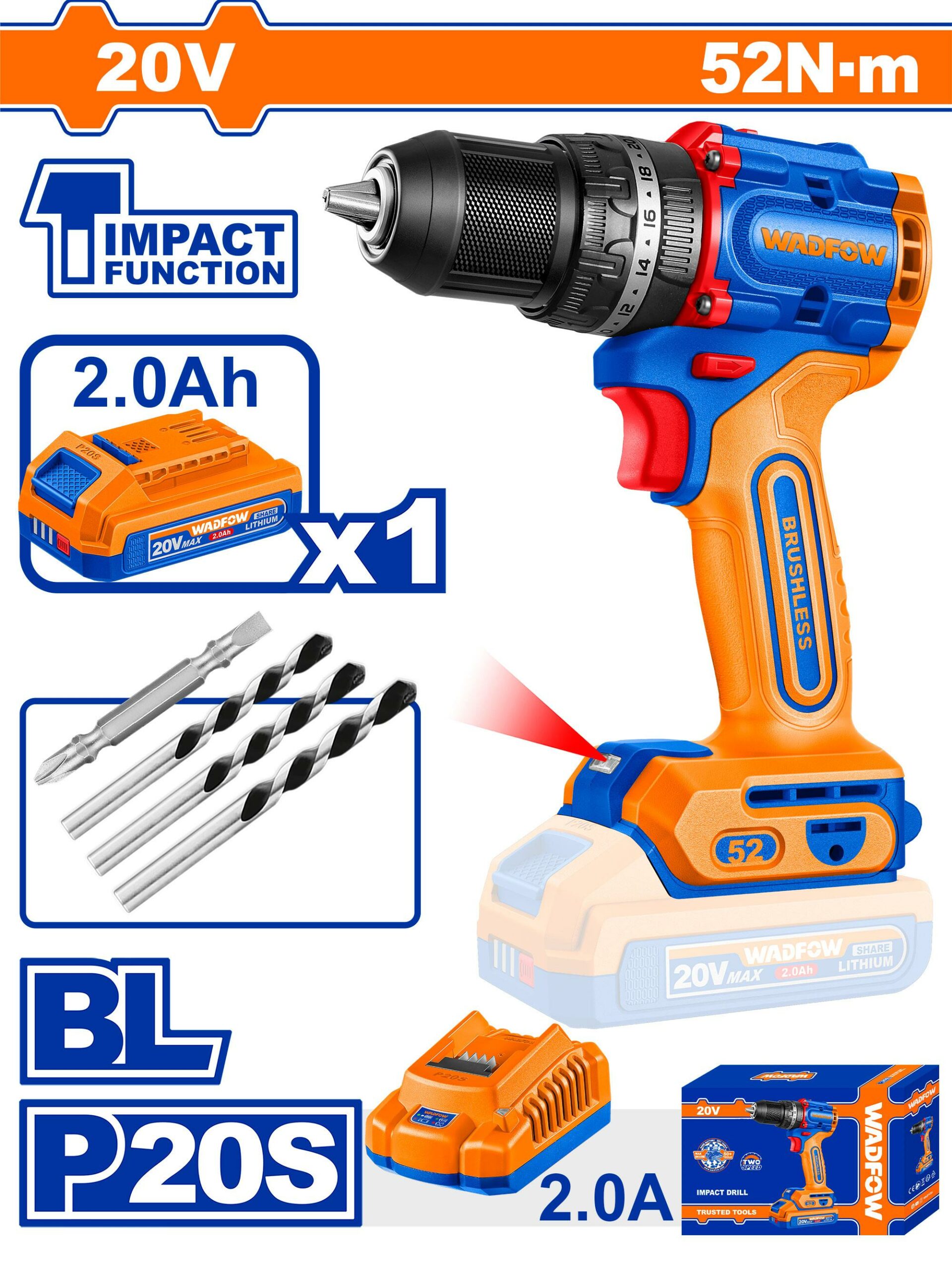 Wadfow compact brushless cordless impact drill - WCDP5282