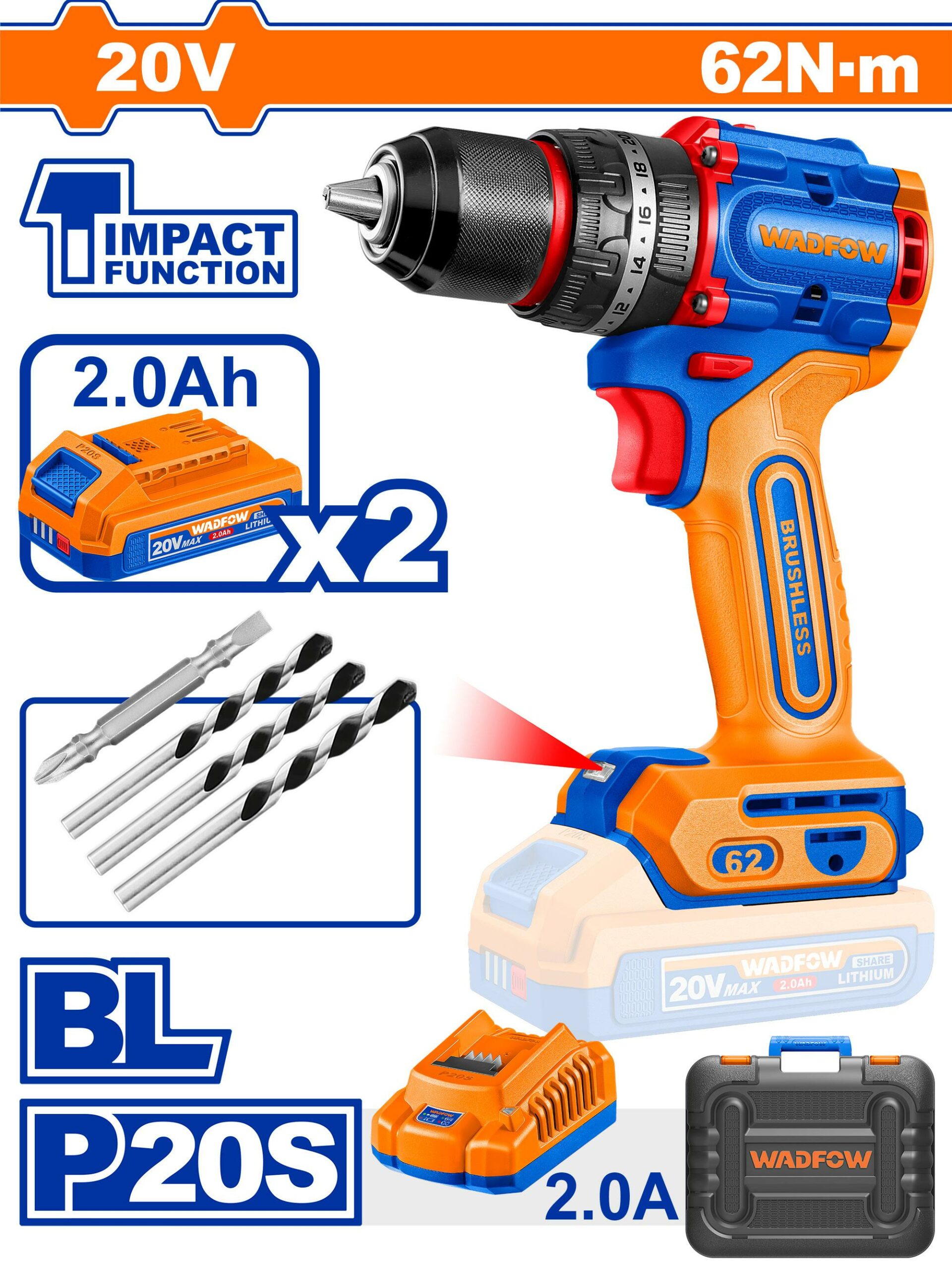 Wadfow compact brushless cordless impact drill - WCDP6281