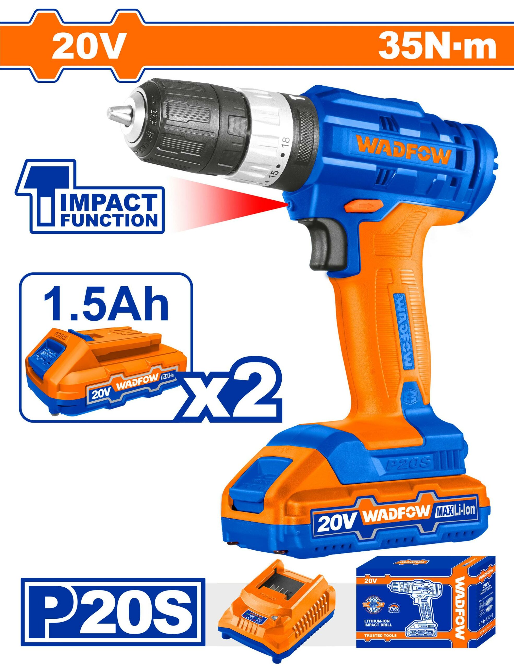 Wadfow Lithium-Ion Cordless Hammer Impact Drill 20V - WCDP522