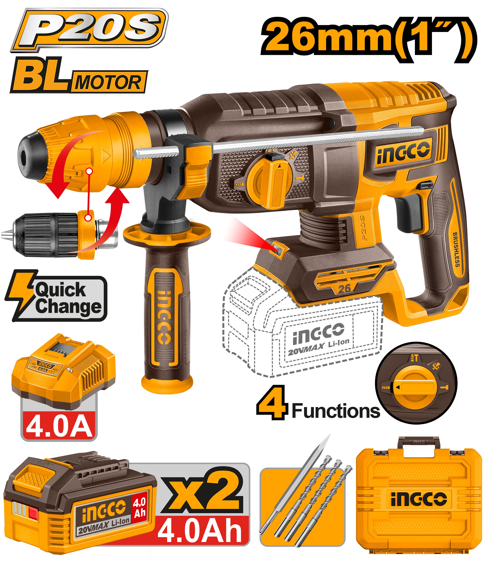 INGCO 20V BL 4 MODE CORDLESS ROTARY HAMMER 20MM 2X4.0AH - CRHLI202689