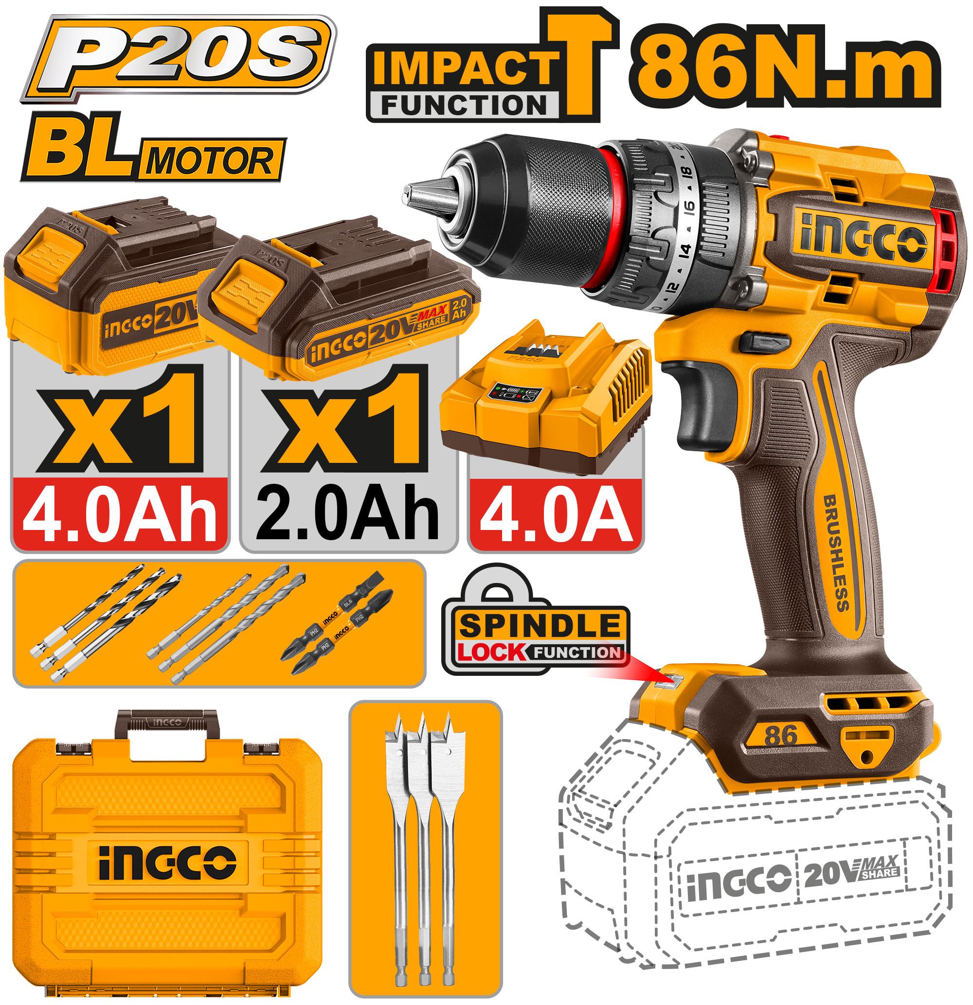 Ingco 20v 850W Brushless Cordless Impact Drill 86Nm - CIDLI208687