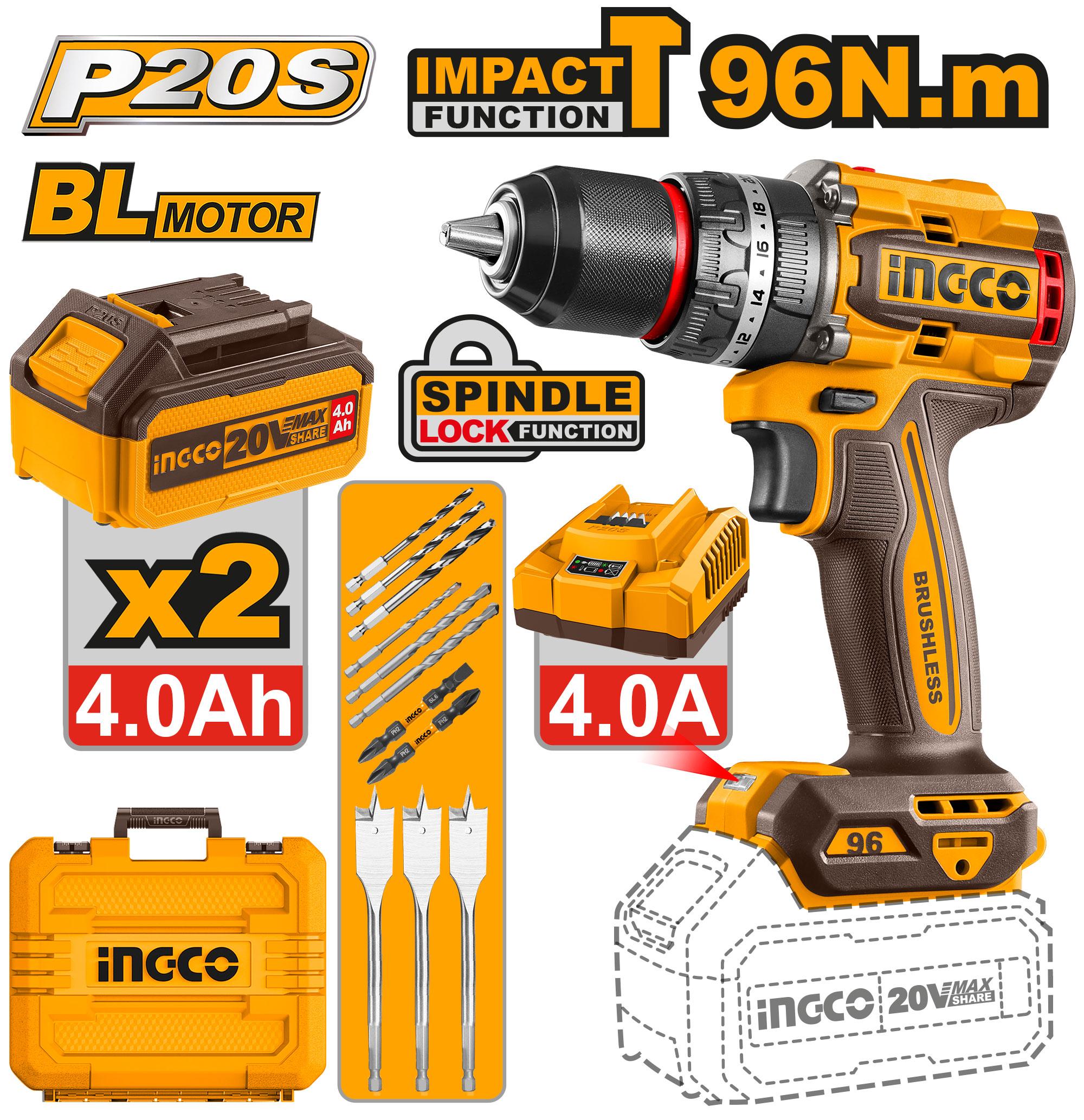 Ingco 20v 1100W Brushless Cordless Impact Drill 96Nm - CIDLI209685