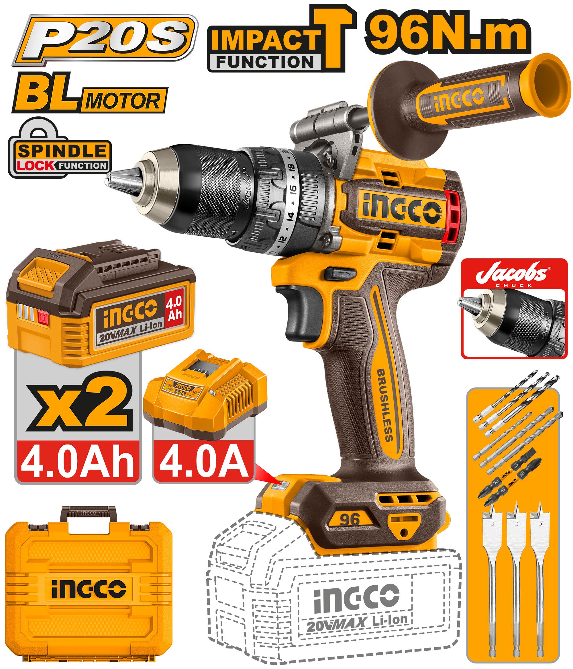 Ingco 20v 1100w Brushless Cordless Impact Drill 96Nm - CIDLI209686