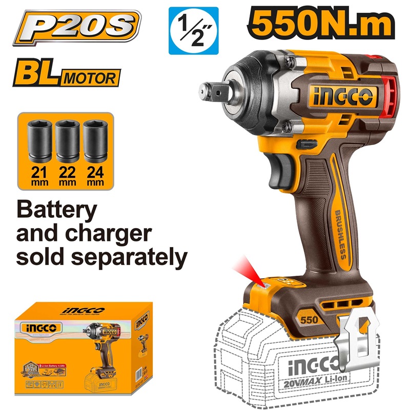 Ingco 20v Cordless Impact Wrench 550Nm - CIWLI20551