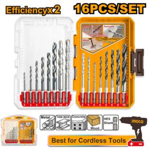 INGCO 16 Pcs Metal, Masonry and wood drill Bits set - AKDL11608